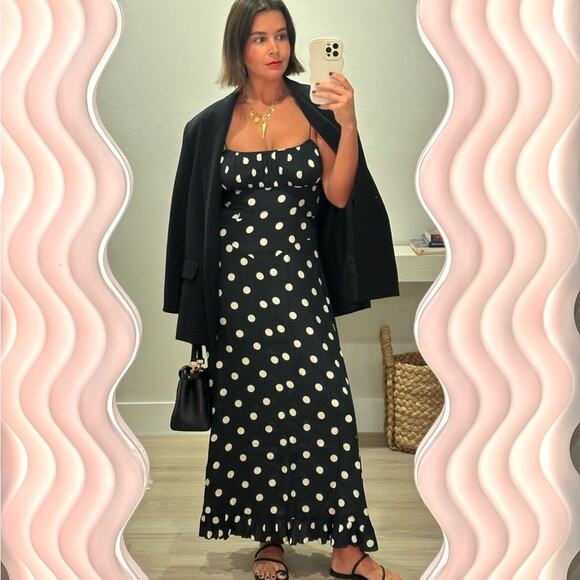 Doen Rosaria Silk Polka Dot Ruched Bust Midi Maxi Dress Solstice Sky Black - Picture 7 of 15